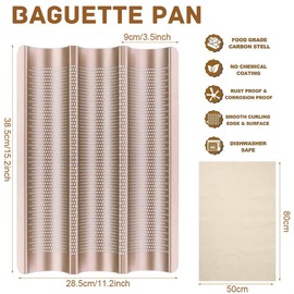 ILSSLI Baguette Pan, French Bread Baking Pan Perforated 3 Loaves Long Italian Bread Pan Mold Nonstick Baguettes Bakery Tray with Proofing Cloth,15"x11"