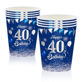 MORAINJAY 40th Birthday Paper Cups, 16 Pieces, Blue with Silver - 9oz/250ml Party Cups for Man and Woman