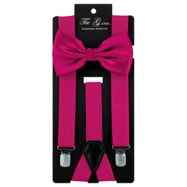 TIE G Solid Color Men's Suspender + Woven Bow Tie Set for Wedding : Vivid Color, Adjustable Brace, Strong Clip, Elastic Band (Fuchsia Pink)