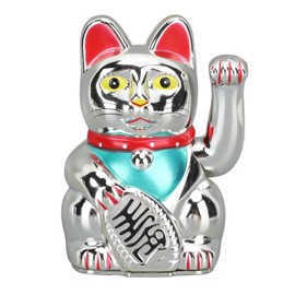 Rushbom Maneki Neko Lucky Feng Shui Cat Statue Beckoning Cat 5 Inch Electric Lucky Fortune Cat Home Desktops Decoration Best Good Luck Silver
