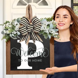 Last Name Welcome Sign for Front Door Wreath All Year Round Decorations Front Porch Decor Hanging Gift for Farmhouse Home Outdoor and Indoor (P)