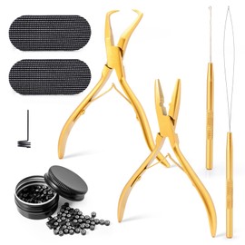FOSHIO Hair Extension Tool Micro Ring Extensions Set with 200 Black Micro Rings 2 Pieces Micro Ring Pliers 2 Pieces Micro Ring Needle 2 Pieces Hair Patches Golden