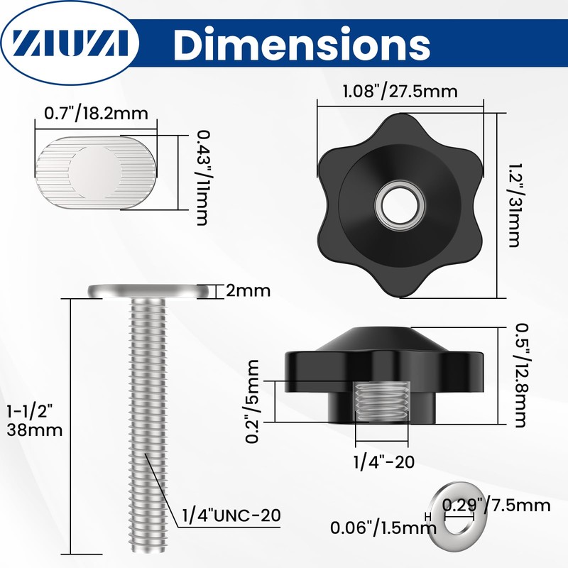 ZIUZI 10 Sets of 1/4"-20 T Track Knob Kit, Star
