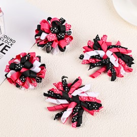 Valentine Hair Bow Clips - Curly Ribbon & Flower Ball Hair Bow Clips Handmade Cheer Alligator Barrette Pins for Kids Girls Grosgrain Ribbon Fireworks Ballflower Accessories (Red/White/Black)