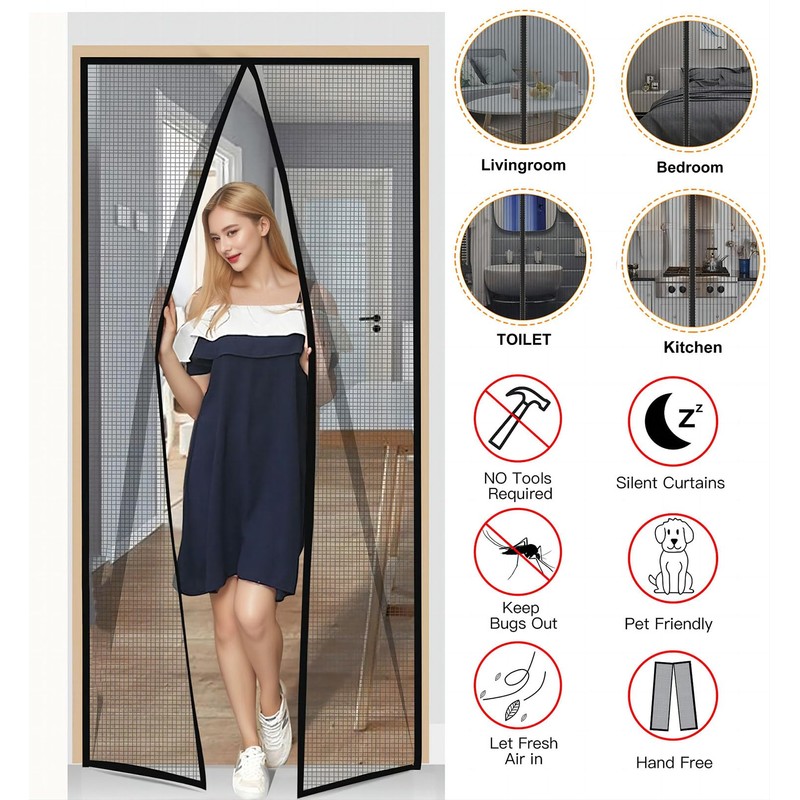 Magnetic Door Screen 90 x 230cm Black - Keep Bugs