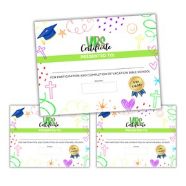 VBS Certificates of Completion | 50 pk Attendance Graduation Certificate Religious Award for Kids 11x 8.5” Bible School Participation Supplies