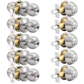 Probrico Door Knob with Single Cylinder Deadbolt, Satin Nickel Door Entry Handle with Lock and Keys,Round Reversible Door Handle Set, Keyed Alike(5Pack)