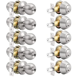 Probrico Door Knob with Single Cylinder Deadbolt, Satin Nickel Door Entry Handle with Lock and Keys,Round Reversible Door Handle Set, Keyed Alike(5Pack)