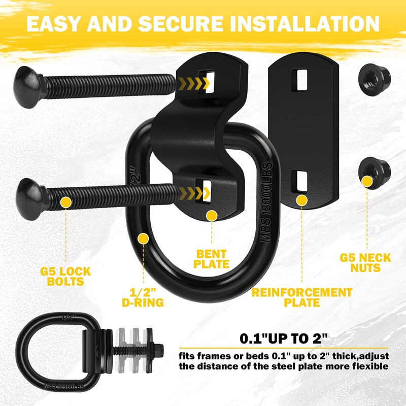 4-Pack 1/2-Inch Heavy Duty Bolt-On Forged D-Ring Shackles - 12,000Lbs