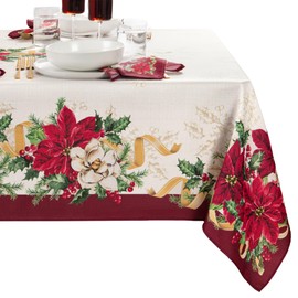 Elrene Home Fashions Poinsettia Garlands Holiday Engineered Wrinkle Resistant Tablecloth, 60"x144" Rectangle, Multi