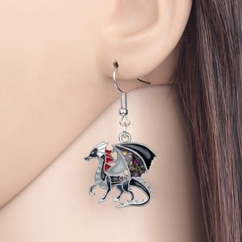 Enamel Alloy Dinosaur Fantasy Dragon Earrings Drop Dangle Unique Animal Jewelry for Women Dragons Gifts (Black)