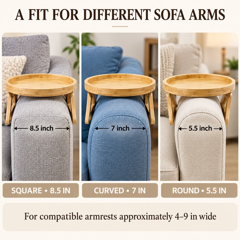 Wooden Sofa Armrest Tray, Foldable Clip-On Style Couch Arm Table