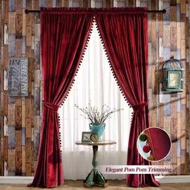 Melodieux Pom Poms Velvet Blackout Curtains for Bedroom Living Room, Vintage Luxury Thermal Insulated Rod Pocket Lined Drapes, 52" W x 84" L, Burgundy (2 Panels)