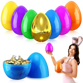 VioraWhite 7 Pcs 6 Inch Jumbo Easter Eggs Include 1 Golden and 6 Large Colorful Plastic Fillable Eggs for Easter Hunt Supplies Candy Containers Basket Stuffers Party Decor