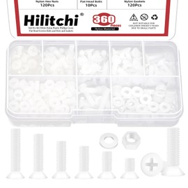 Hilitchi 360PCS 6 Sizes White Nylon Countersunk Head Bolt Machine Screw M4 x 6/8/10/12/15/20MM Nylon Cross Pan Head Machines Screws Pan Head Machine Screws Nut Washer for Fastening