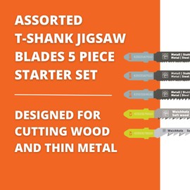 Fein Assorted T-Shank Jigsaw Blades - Best of Starter Set for Fast, Clean Cuts in Wood & Metal Cutting, Professional Top Line Series, High-Speed Steel, 5-Pack - 63503188010