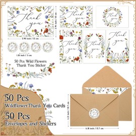 100 Pack Wildflower Thank You Cards with Envelopes Bulk 7.87 x 5.91 Inches, Employee Appreciation Card Floral Blank Greeting Cards Notes with Stickers Set and for Baby Shower Wedding Bridal Shower