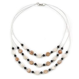 Avalaya 3 Strand White/Brown/Black Shell and Ceramic Bead Wire Layered Necklace - 60cm L