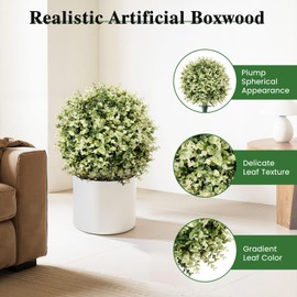 Lewondr Artificial Boxwood Topiary Ball Trees, 22.83'' Fake Plants Outdoor with Ground Spike, Set of 2 UV and Fade Resistant Faux Greenery Shrubs for Outdoor Indoor Front Porch Garden, Gradient White