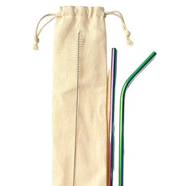 GIPEL Popotes de Acero Inoxidable Reusables - Set de 2 Popotes Metalicos Tornasol, Popote Curvo y Popote Recto, Incluye Cepillo de Limpieza y Bolsa Estuche