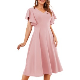 Blush Bridesmaid Dresses Flare Cocktail Dresses V Neck Swing Tea Dresses Semi Formal Church Dress for Prom/Party/Date Blush L