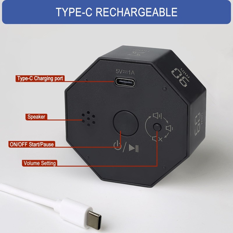 Cuteefun Cube Timer, Octagon Rotation Pomodoro Timer, 1/3/5/15/30/60/90 Minutes Countdown