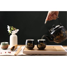 Dujust Japanese Beautiful Asian Porcelain Tea Set, Black with 1 Teapot, 6 Tea Cups, 1 Tea Tray, 1 Stainless Infuser for Adults, Tea Lover/Women/Men (Countryside in Golden)
