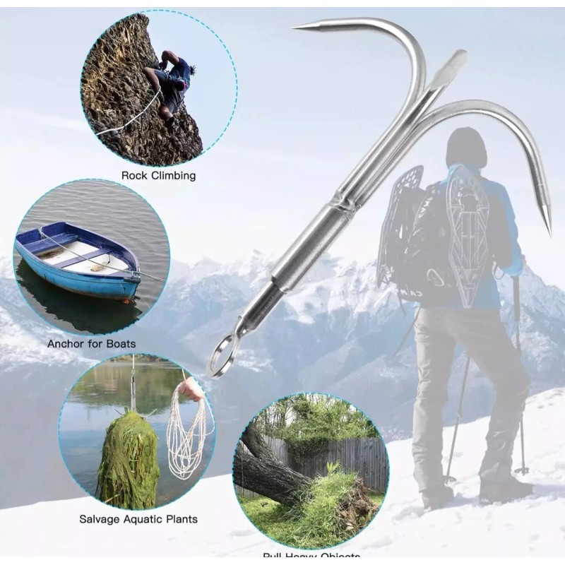 Cyfie Grappling Hook Grapnel Hook, 3-Claw Stainless Steel Tree Assorted