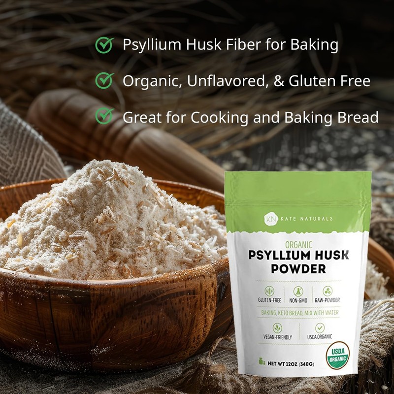 Kate Naturals Psyllium Husk Powder for Fiber, Digestion & Baking