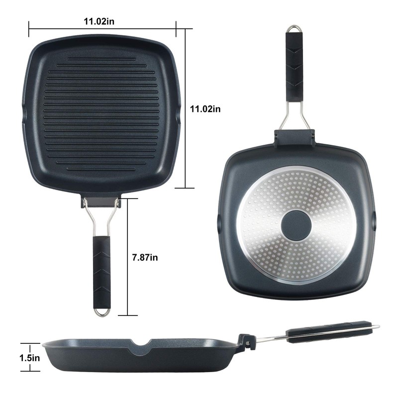 S·KITCHN Grill Pan with Folding Handle, Nonstick Grilling Pan for