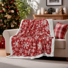 Horaldaily Christmas Sherpa Flannel Blanket Throw, Red Snowflake Soft Fuzzy Plush Cozy Fleece Blankets for Couch Sofa Bed Lounging, Ideal Gifts for Kids Adults Wife Self, 50x60