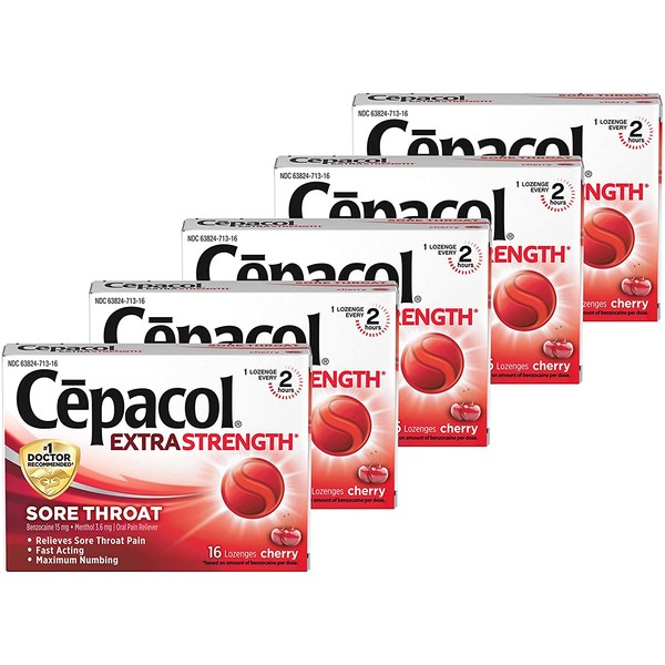 Cepacol Extra Strength Sore Throat Lozenges, Powerful Symptom Relief, Oral Pain Reliever, Cherry Flavor with a Burst of Cool Menthol, 16 Lozenges (Pack of 5)