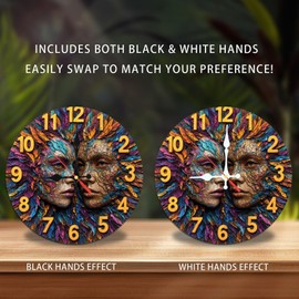 Artistic Couple Face Wall Clock Colorful Texture Home Decor 10-Inch Wooden Wall Clock, Silent Movement, Battery Operated (AA Batteries Not Included), Artistic Home Decor, Perfect for Home Accents