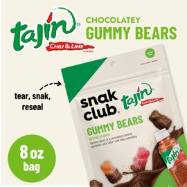 Snak Club Snak Club Tajin Chocolatey Gummy Bears, Assorted Chocolate Covered Fruit Candy Gummies with Chili and Lime Seasoning, Mild, Gluten-Free Snacks, 8 oz Resealable Bag