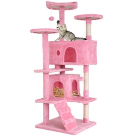 54in Cat Tree Cat Climbing Tower with Scratching Post, Cat House Perch Kitten Tree Condo Wood Cat Playhouse, Cat Tree Tower for Indoor Cats, Pink