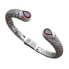 NOVICA Artisan Handmade Garnet Cuff Bracelet Weave Pattern from Bali Sterling Silver Indonesia Gemstone [5.75 in L (end to End) x 0.3 in W] ' Woven Drops'