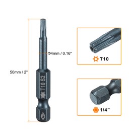 HARFINGTON T10 Torx Screwdriver Bit 1/4" Hex Shank 2" Long S2 Steel Magnetic 6 Point Screw Driver Bits Industrial Grade Tamper Proof Star Drill Bits with Hole Torx Head