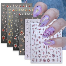 6 Sheets Glitter Star Nail Stickers for Nail Art,Colorful Heart Star Nail Decals 3D Self-Adhesive Gold Silver Sparkle Star Nail Designs Sticker with Shiny Rhinestone Luxury Nail Supplies for Women