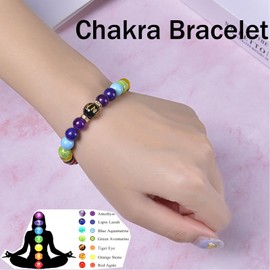 Chakra Bracelets for Women, Crystals and Healing Stones Pulsera Arus 7 Chakras Spiritual Bracelets for Woman Anxiety Healthbangle Lymphatic Drainage Elastic Bangle Natural Stone Yoga Crystals Beads Meditation Relax Anxiety(Matte Black)