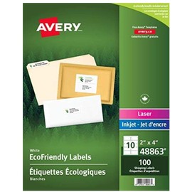 Avery White Eco-Friendly Shipping Labels, 2" x 4", White, Rectangle, 100 Labels, Permanent (48863) Made in Canada