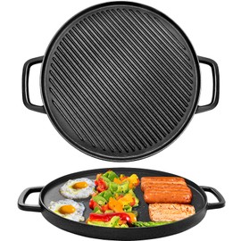 GGC Reversible Cast Iron Griddle, Double-sided Griddle Pan for Stove Tops, Gas Grills and Outdoor Cooking, 14 inch Grill Griddle with Baking Flat and Ribbed