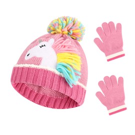 QKURT Kid’s Stretchy Beanie Hat Mittens Set, Toddler Winter knitted Cap with Pom Pom Thermal Gloves Set 2 in 1 Unicorn Cold Weather Accessories for Girls