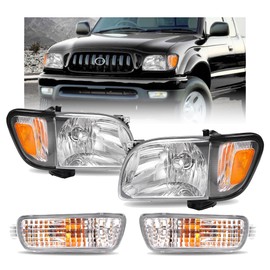HECASA Headlight w/Bulbs Corner & Turn Signal Light Compatible with 2001-2004 Toyota Tacoma Headlamp Signal Bumper Lights Replacement for TO2503136 TO2502136 Clear Lens Black Housing Black Trim LH&RH