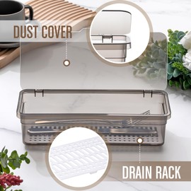 Remerry 6 Pcs Flatware Tray with Lid and Drainer, Plastic Utensil Organizer, Kitchen Cutlery Transparent Storage Box with Lid and Drain Rack, Drawer Style Tableware Storage Box for Home and Travel