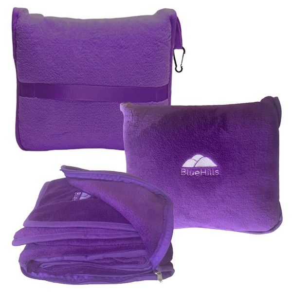 BlueHills Premium Soft Travel Blanket Pillow Airplane Blanket in Soft Bag Case Compact Pack Large Cozy Blanket for Plane Camping Car Train Transit - Purple T021