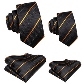 Hi-Tie Father Son Matching Ties and Pocket Square Set Silk Ties for Wedding Party Gifts,Black and Gold Stripe
