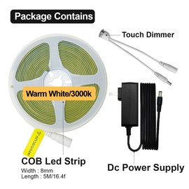 HAMRVL COB LED Strip Light Warm White 3000K, DC12V Dimmable LED Tape Lights 8mm with Brightness Adjust Touch Switch/12V 3A Adapter, 16.4ft, 1600LEDs, CRI90+, COB LED Strip for Room, TV, Shelf, Cabinet
