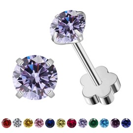 VDKIDKT Flower Screw Back Birthstone Stud Earrings for Women Girls, 3mm G23 Tiny CZ Flat Back Stud Earrings, Screw Back Helix Earrings (Silver, 6.June-Alexandrite)