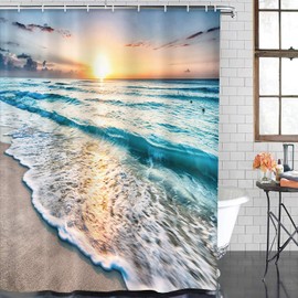 ArtSocket 4 Pcs Shower Curtain Set Beautiful Sunrise Over Sea Beach Sunny Sunset Marine Natural with Non-Slip Rugs Toilet Lid Cover and Bath Mat Bathroom Decor Set 72" x 72"