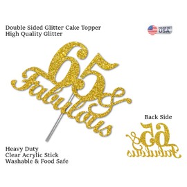 65 & Fabulous Decoración para tartas con purpurina dorada, ideas de decoración para fiestas de cumpleaños 65, calidad premium, resistente purpurina de doble cara, palo de acrílico. Fabricado en Estados Unidos (65)